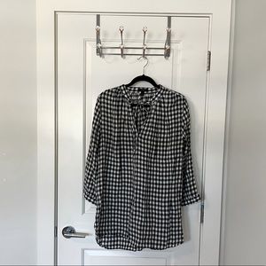 J. Crew Black and White Checkered Long Blouse with Tie in Front. Size M.